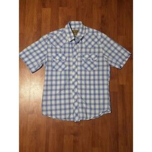 Wrangler Retro Western Pearl Snap Shirt Men’s M Blue White Plaid Short Sleeve